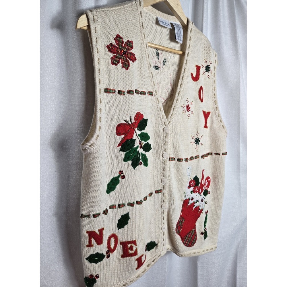 Vtg Bobbie Brooks Woman Cream Christmas Vest Noel Joy Embroidery Beads Ugly XL - Picture 2 of 8
